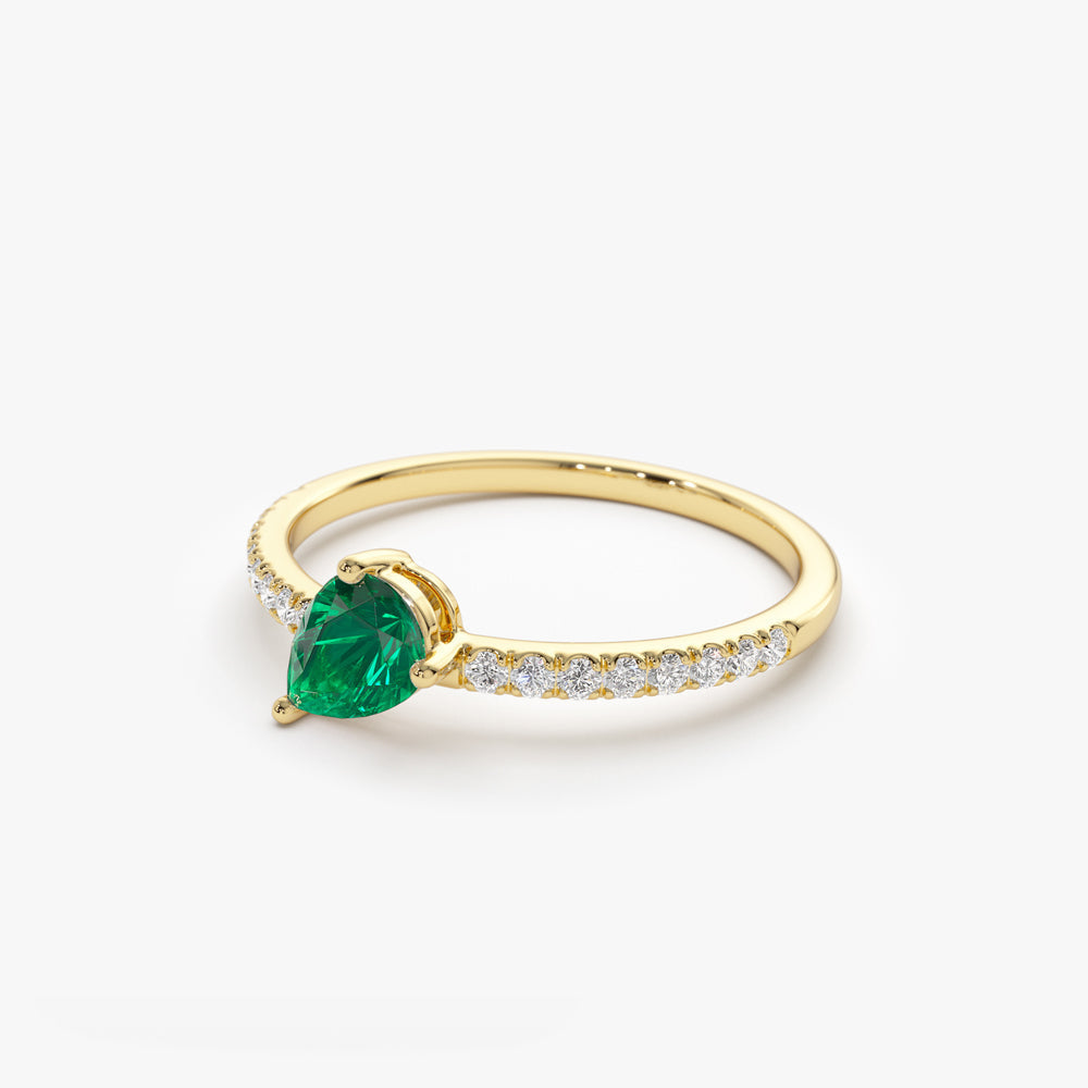 14k Slanted Pear Shape Emerald Ring with Pave Diamonds - GeumJewels