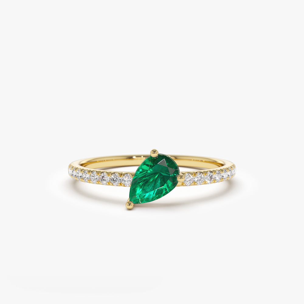 14k Slanted Pear Shape Emerald Ring with Pave Diamonds - GeumJewels