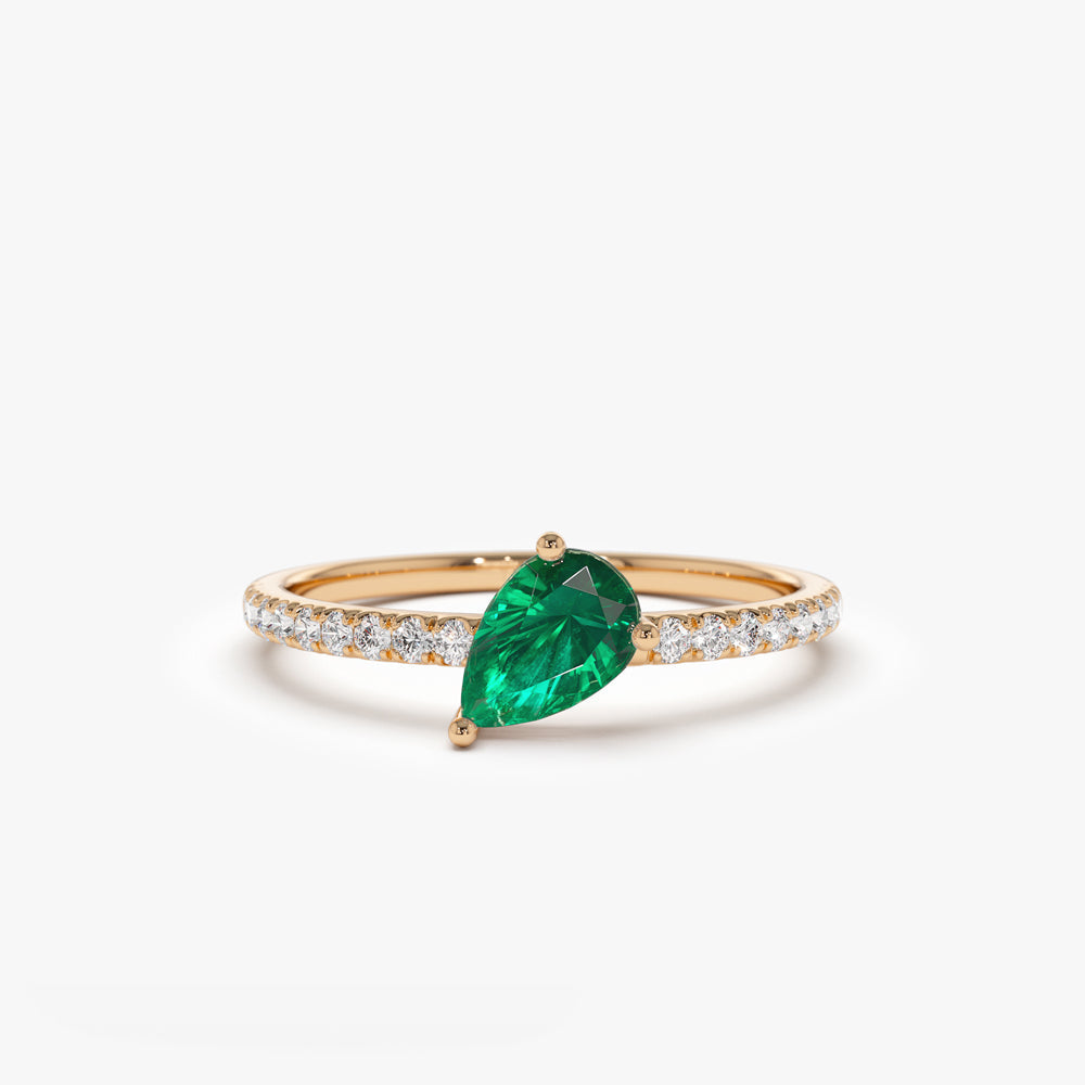 14k Slanted Pear Shape Emerald Ring with Pave Diamonds - GeumJewels