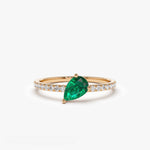 14k Slanted Pear Shape Emerald Ring with Pave Diamonds - GeumJewels