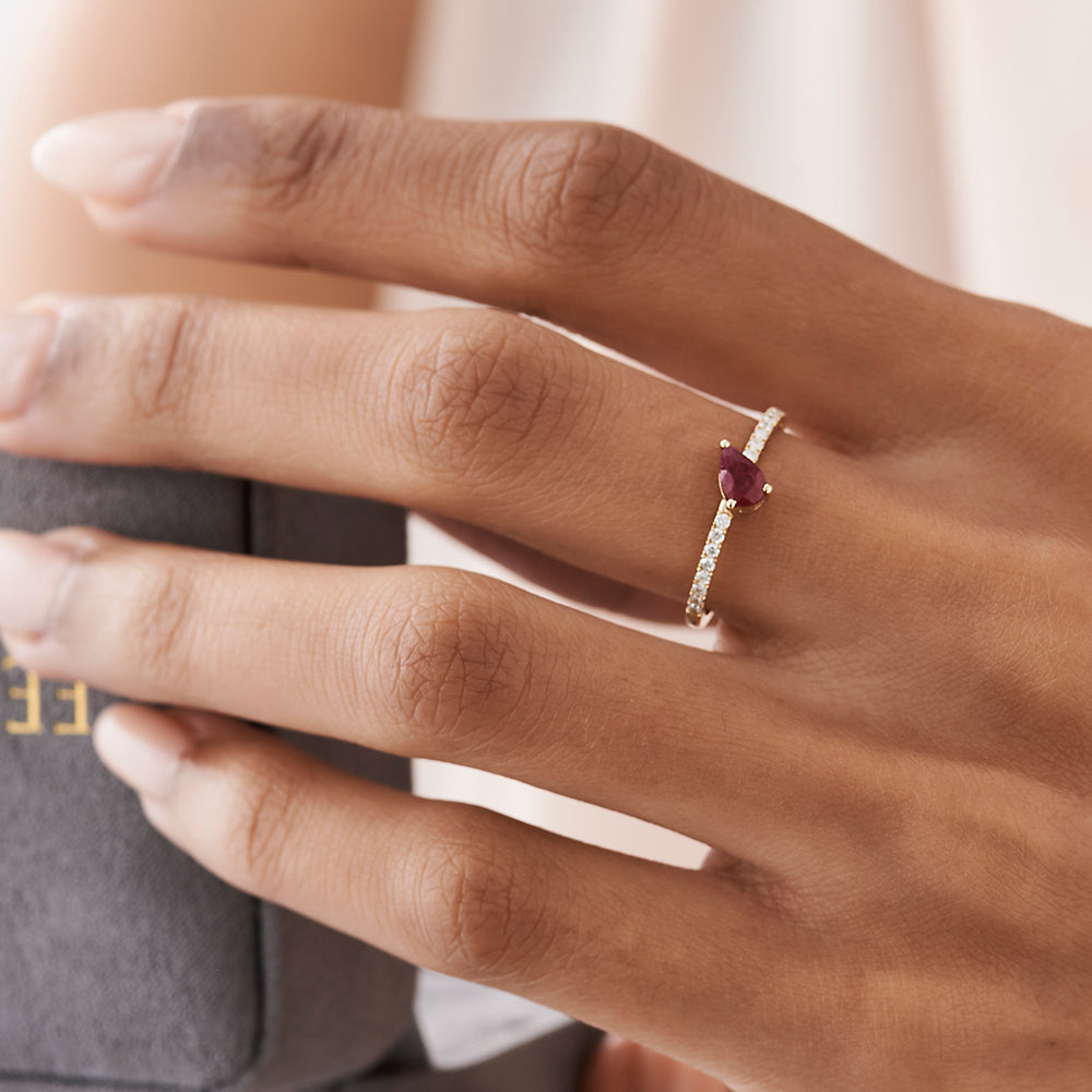 14k Slanted Pear Shape Ruby Ring with Pave Diamonds - GeumJewels