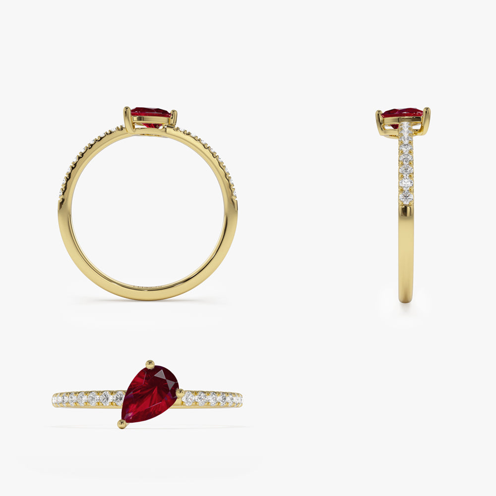 14k Slanted Pear Shape Ruby Ring with Pave Diamonds - GeumJewels