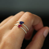 14k Slanted Pear Shape Ruby Ring with Pave Diamonds - GeumJewels