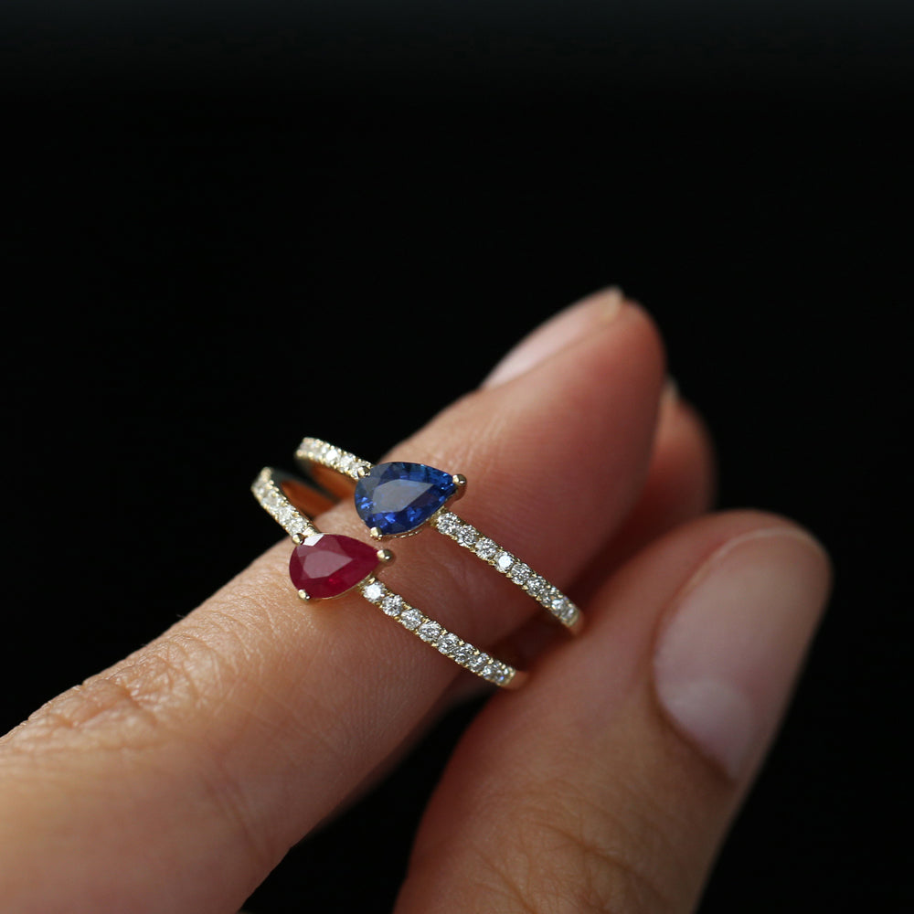 14k Slanted Pear Shape Ruby Ring with Pave Diamonds - GeumJewels