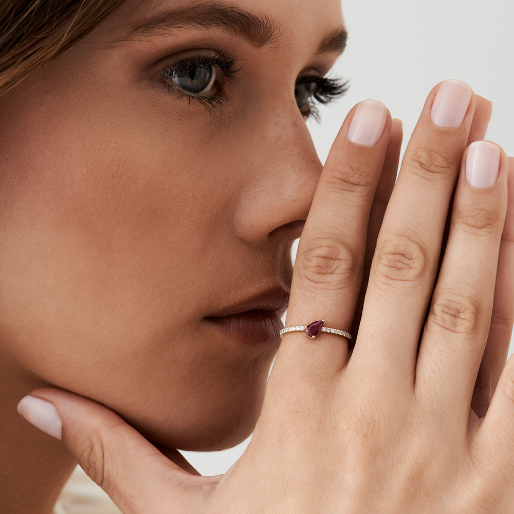 14k Slanted Pear Shape Ruby Ring with Pave Diamonds - GeumJewels