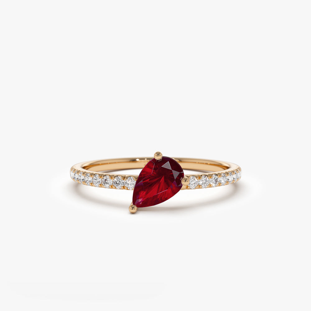 14k Slanted Pear Shape Ruby Ring with Pave Diamonds - GeumJewels