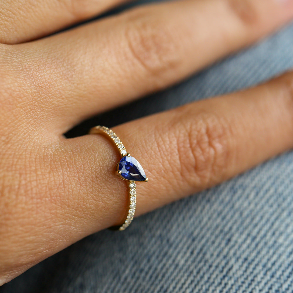 14k Slanted Pear Shape Sapphire Ring with Pave Diamonds - GeumJewels