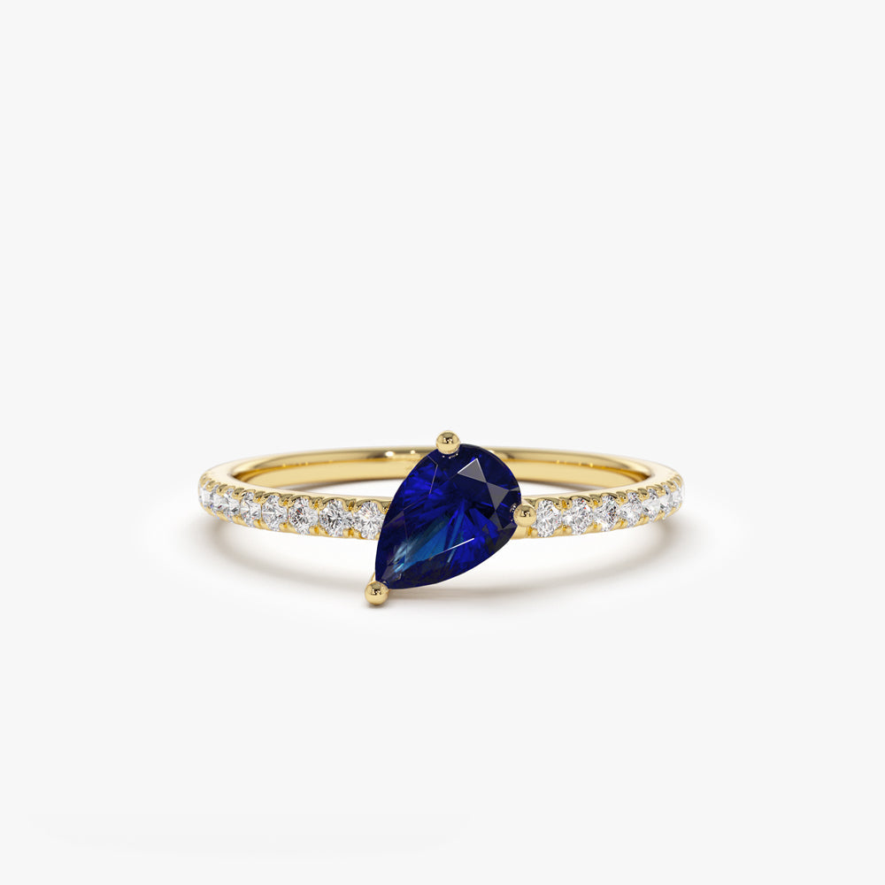 14k Slanted Pear Shape Sapphire Ring with Pave Diamonds - GeumJewels