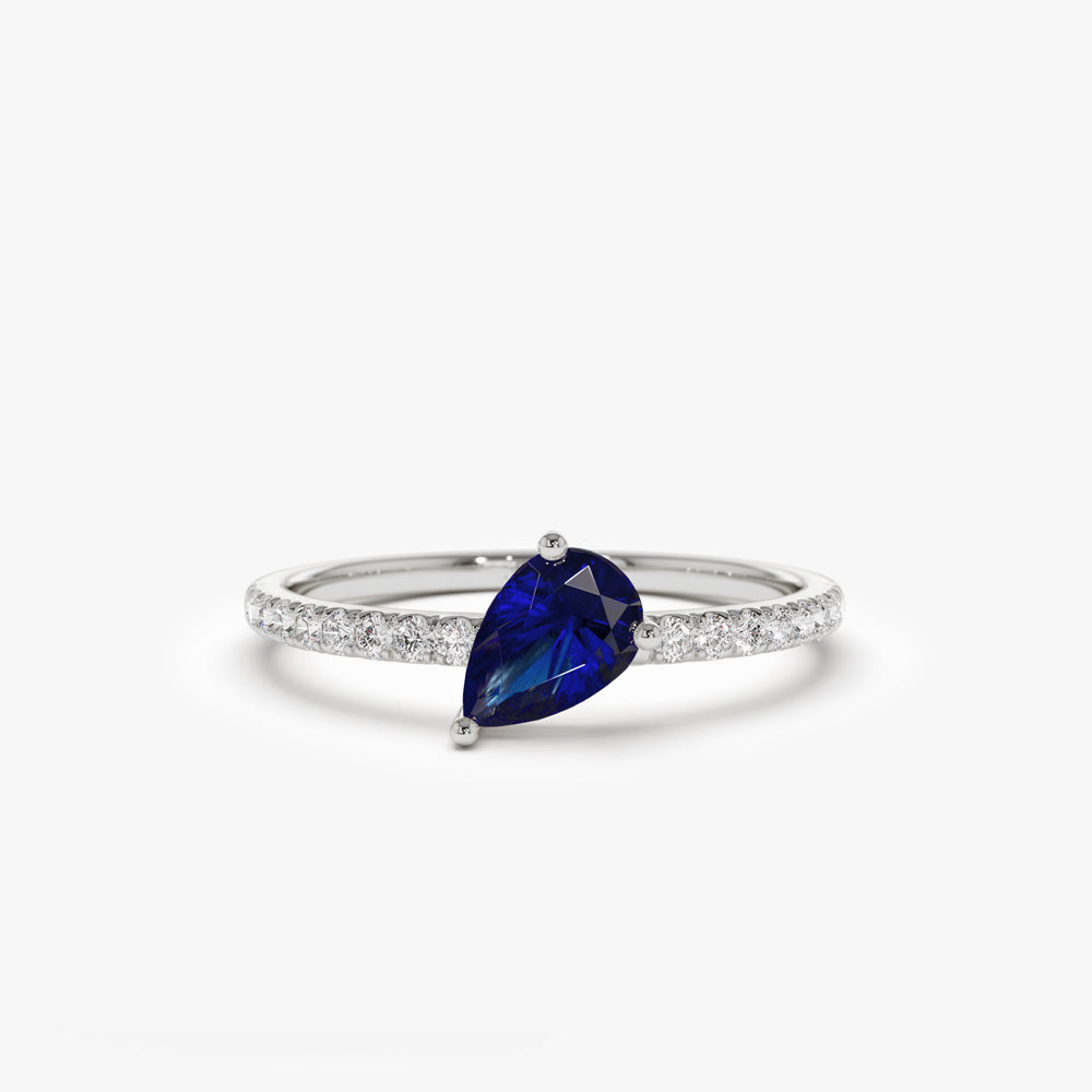 14k Slanted Pear Shape Sapphire Ring with Pave Diamonds - GeumJewels