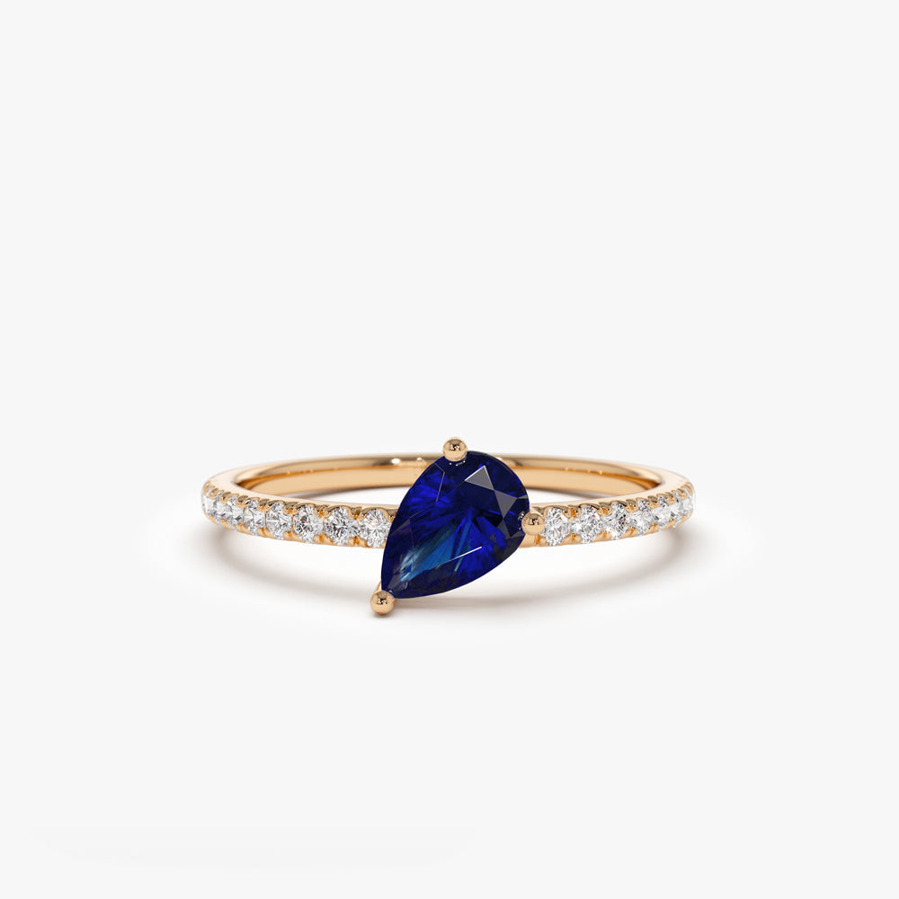 14k Slanted Pear Shape Sapphire Ring with Pave Diamonds - GeumJewels