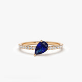 14k Slanted Pear Shape Sapphire Ring with Pave Diamonds - GeumJewels