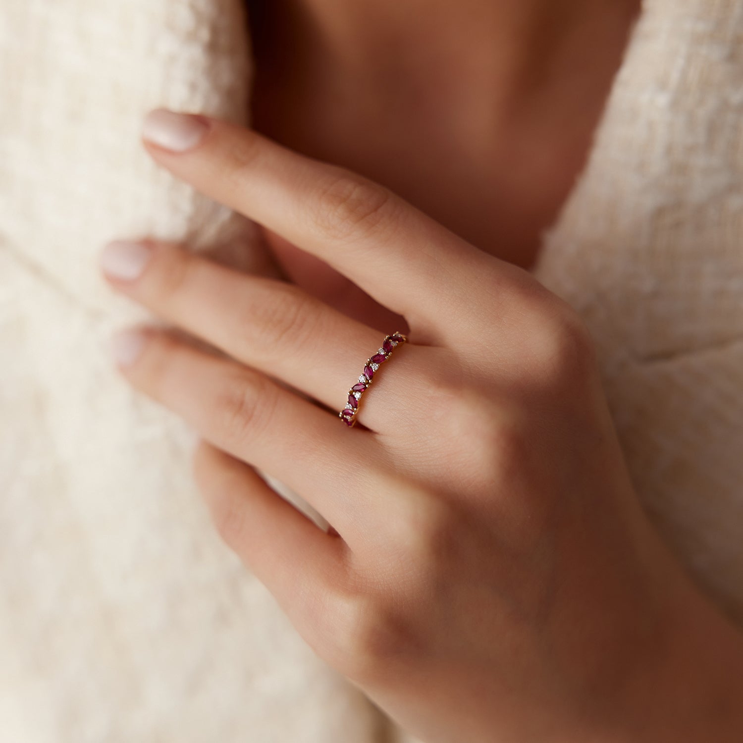 14k Slanted Ruby and Round Diamond Ring - GeumJewels