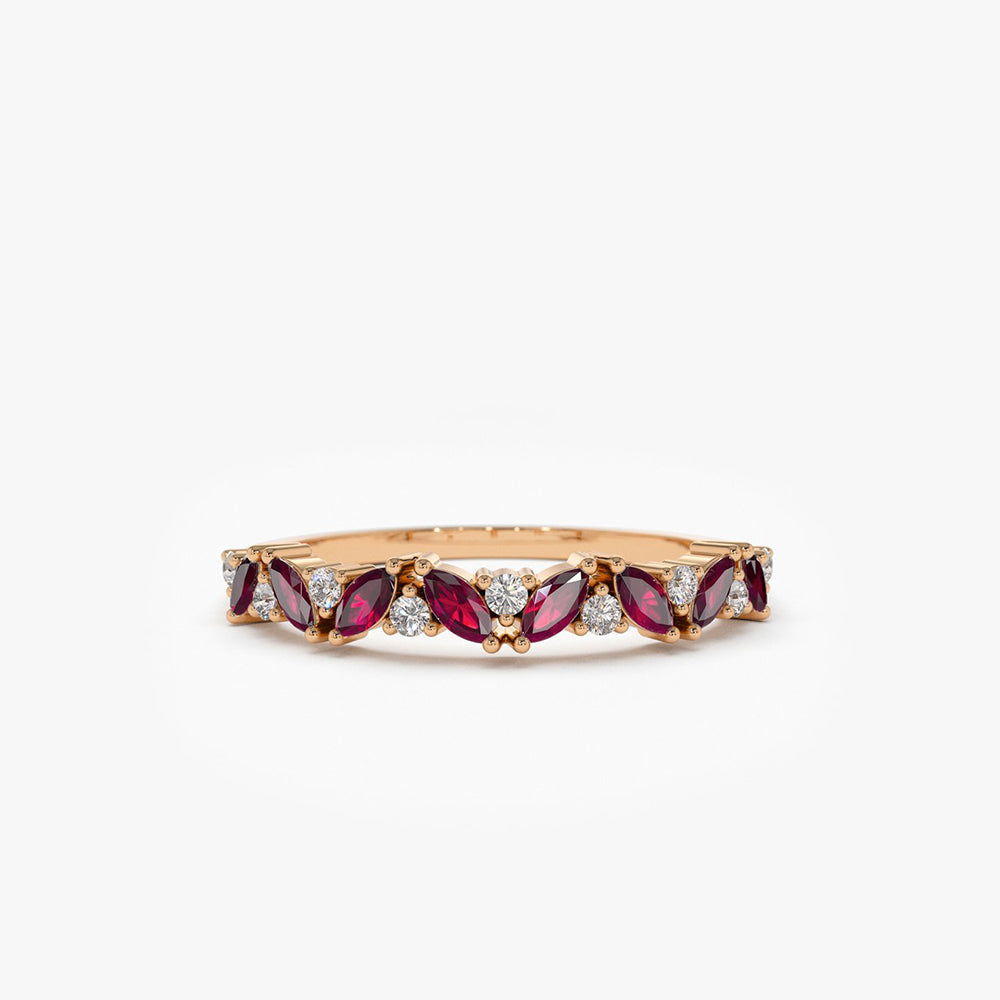 14k Slanted Ruby and Round Diamond Ring - GeumJewels