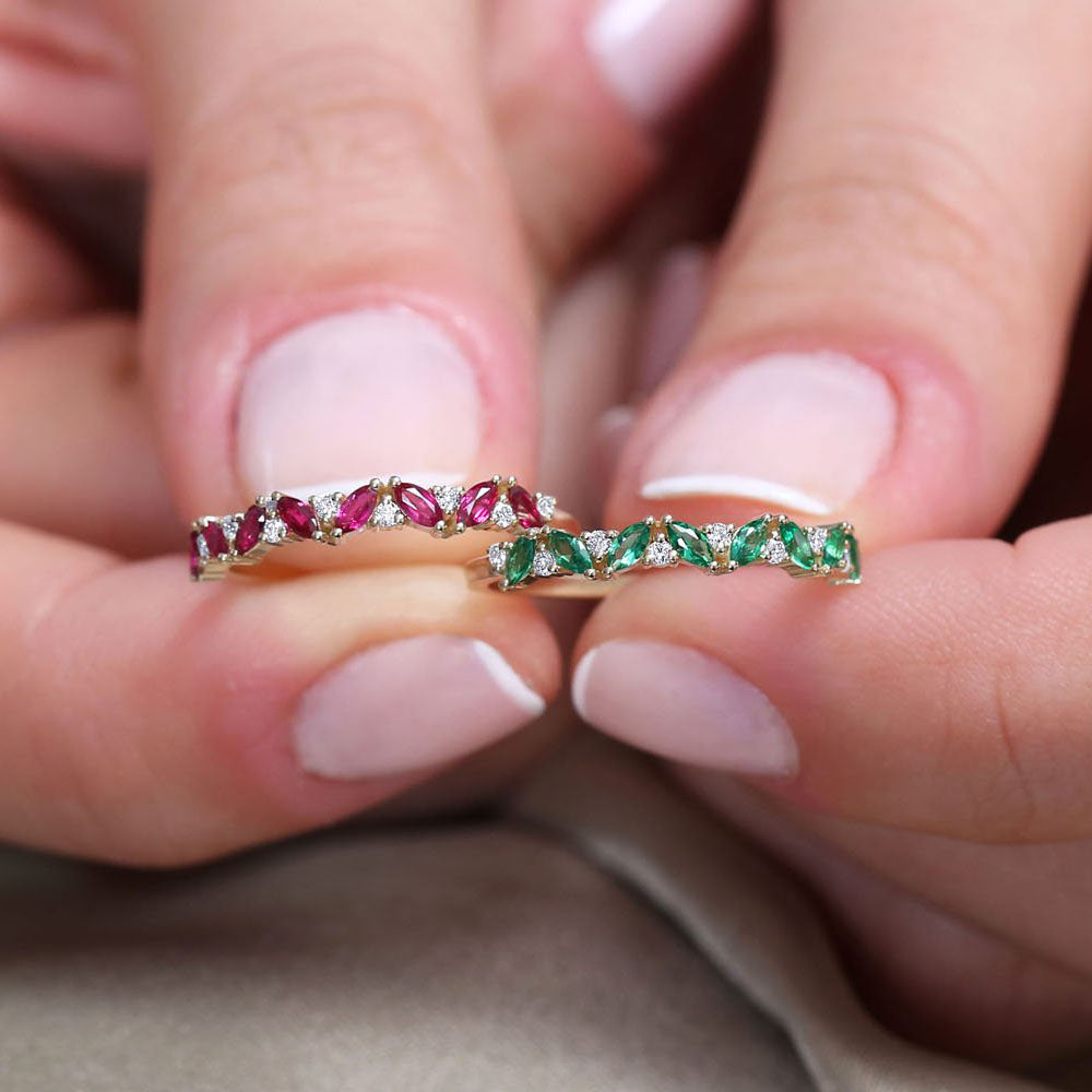 14k Slanted Ruby and Round Diamond Ring - GeumJewels