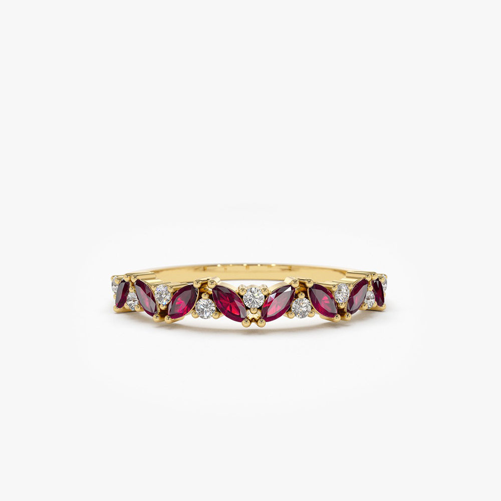 14k Slanted Ruby and Round Diamond Ring - GeumJewels