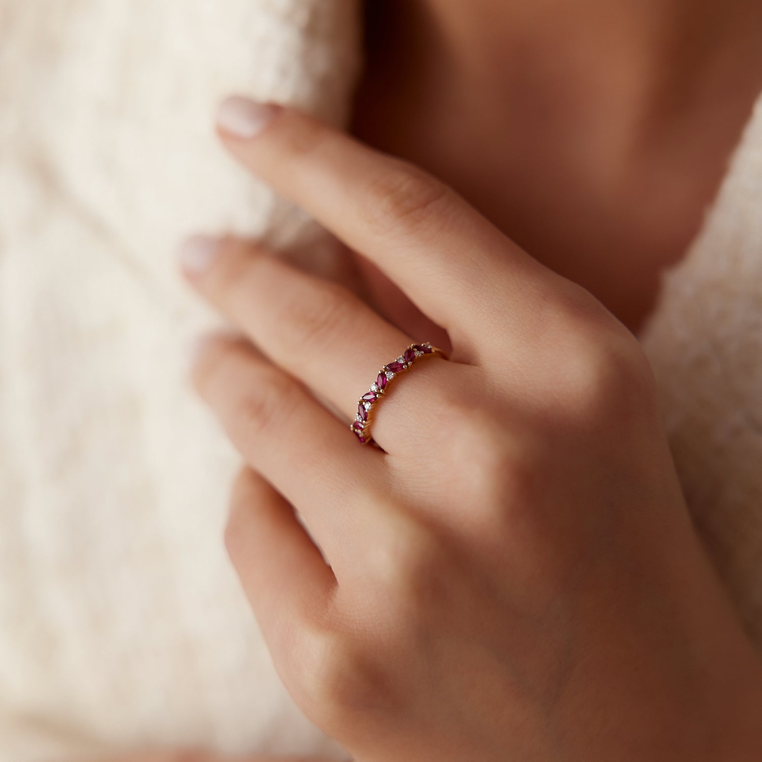 14k Slanted Ruby and Round Diamond Ring - GeumJewels
