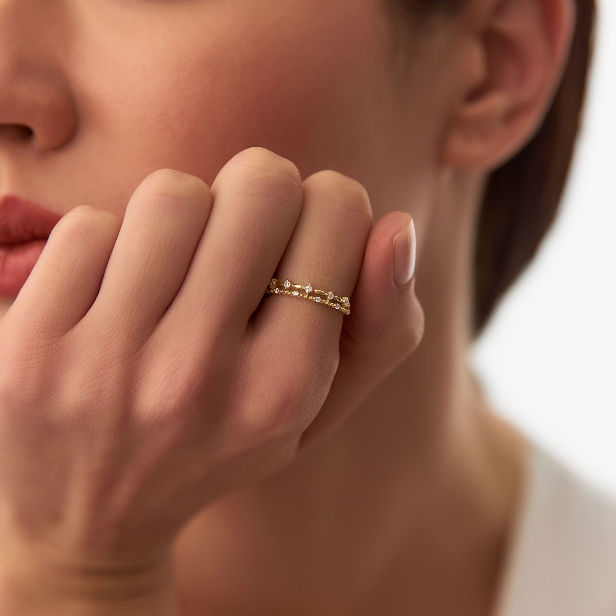 14k Stacked Double Band Diamond Ring - GeumJewels