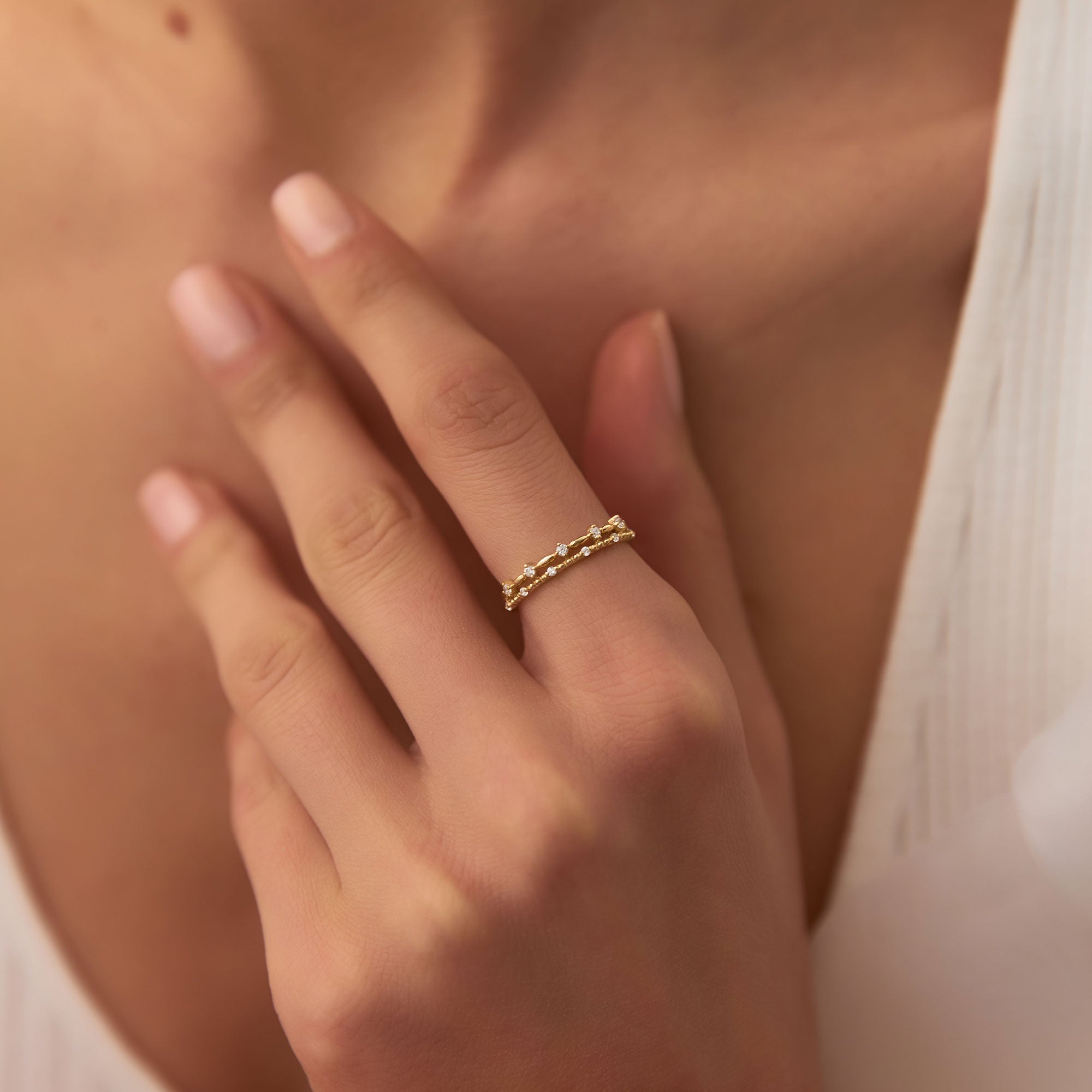 14k Stacked Double Band Diamond Ring - GeumJewels