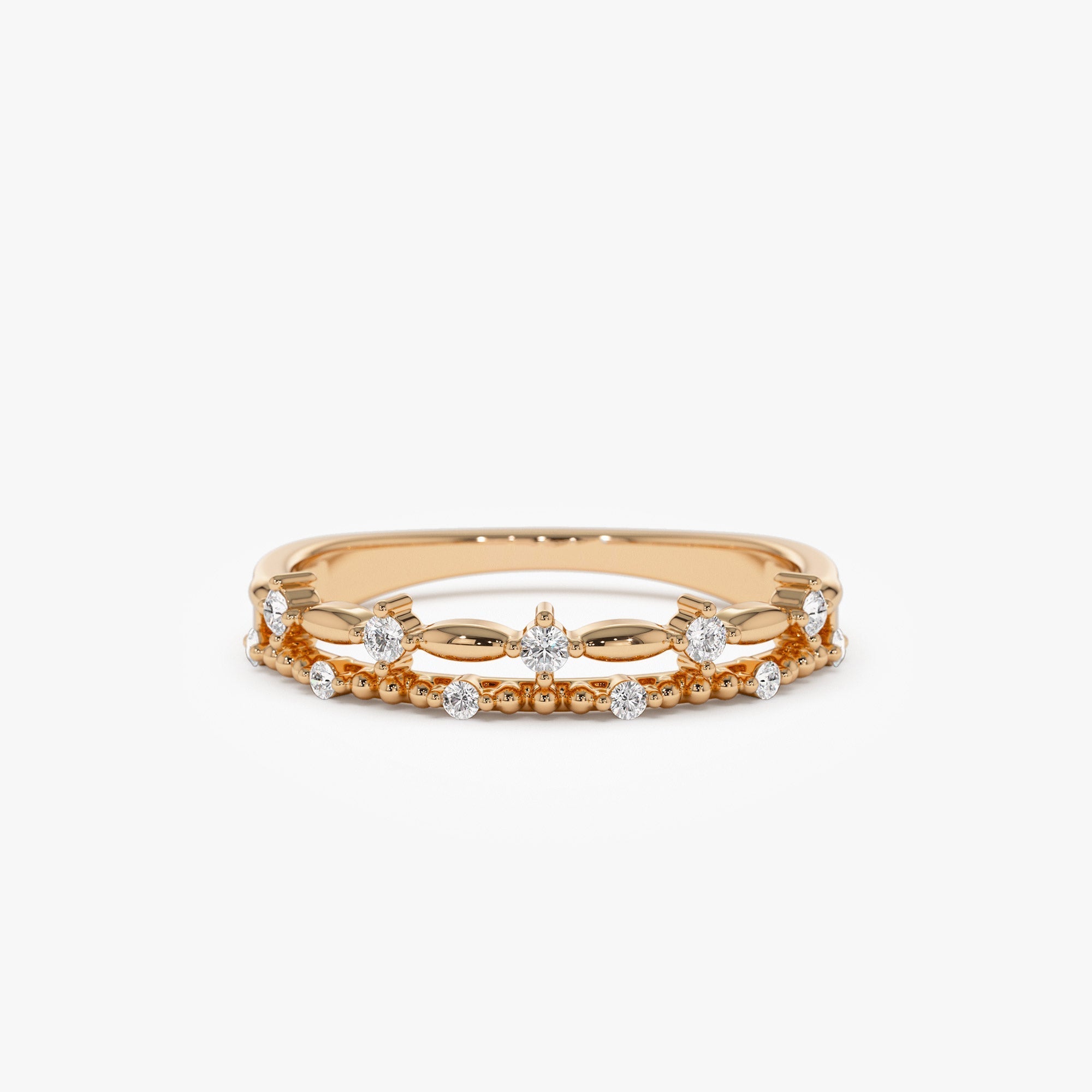 14k Stacked Double Band Diamond Ring - GeumJewels