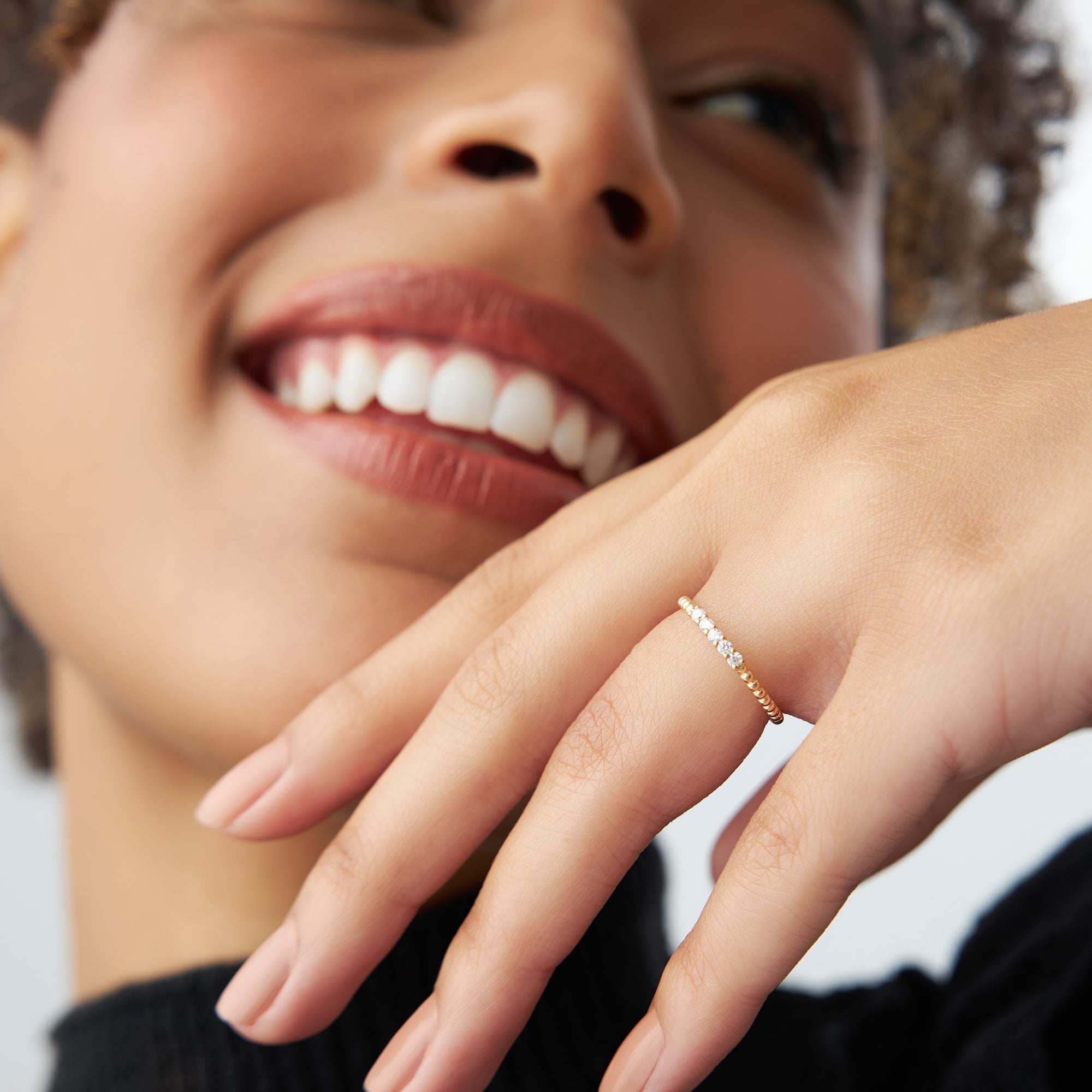 14K Stacking Dainty Beaded Diamond Band - GeumJewels