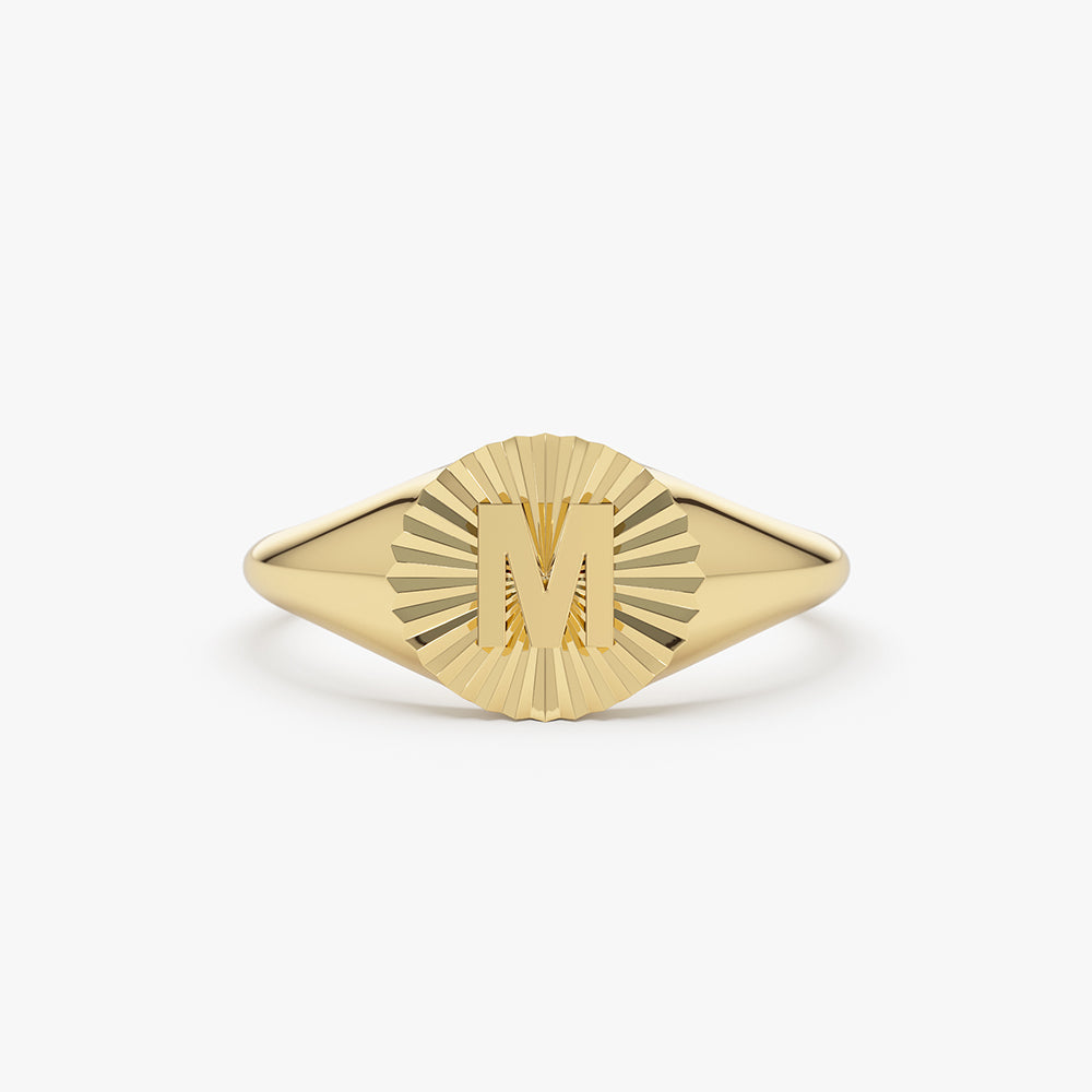 14k Sunburst Initial Signet Ring - GeumJewels