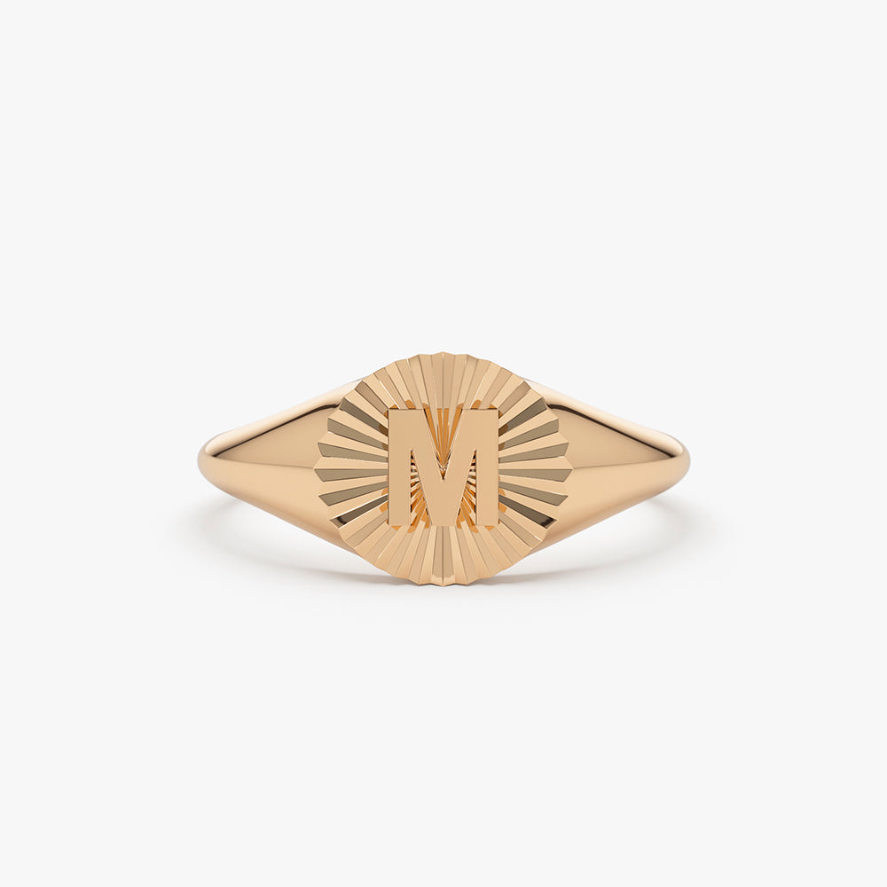 14k Sunburst Initial Signet Ring - GeumJewels