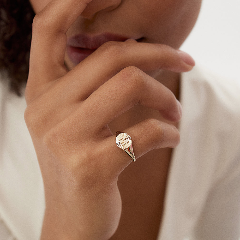 14k Sunburst Initial Signet Ring