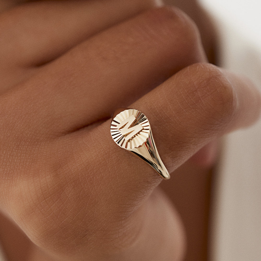 14k Sunburst Initial Signet Ring - GeumJewels