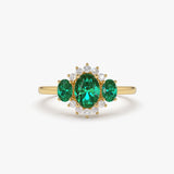 14k Three Stone Emerald Cluster Ring - GeumJewels