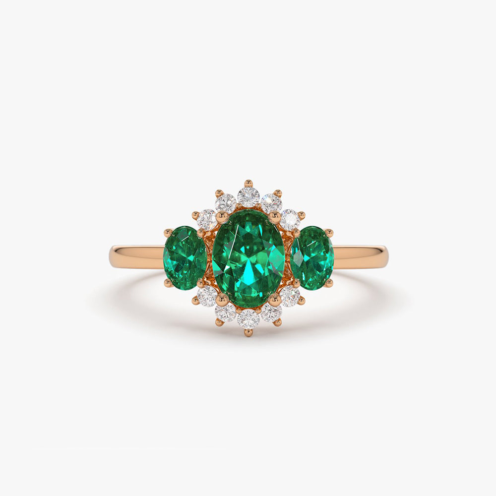 14k Three Stone Emerald Cluster Ring - GeumJewels