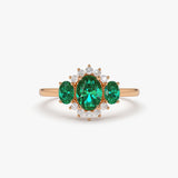 14k Three Stone Emerald Cluster Ring - GeumJewels