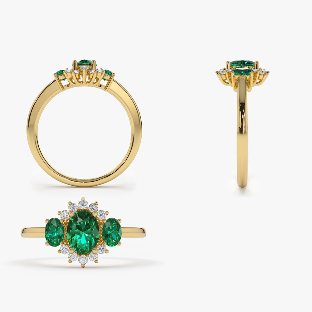 14k Three Stone Emerald Cluster Ring - GeumJewels
