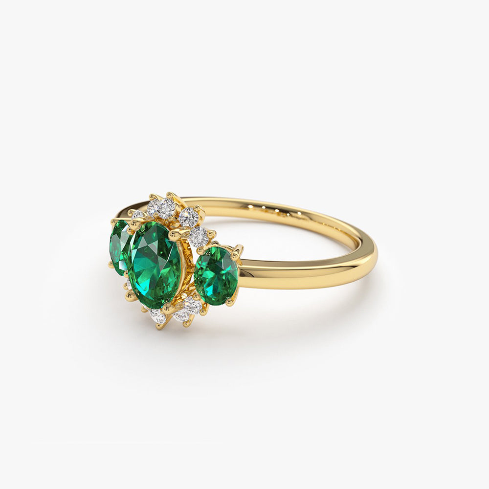 14k Three Stone Emerald Cluster Ring - GeumJewels