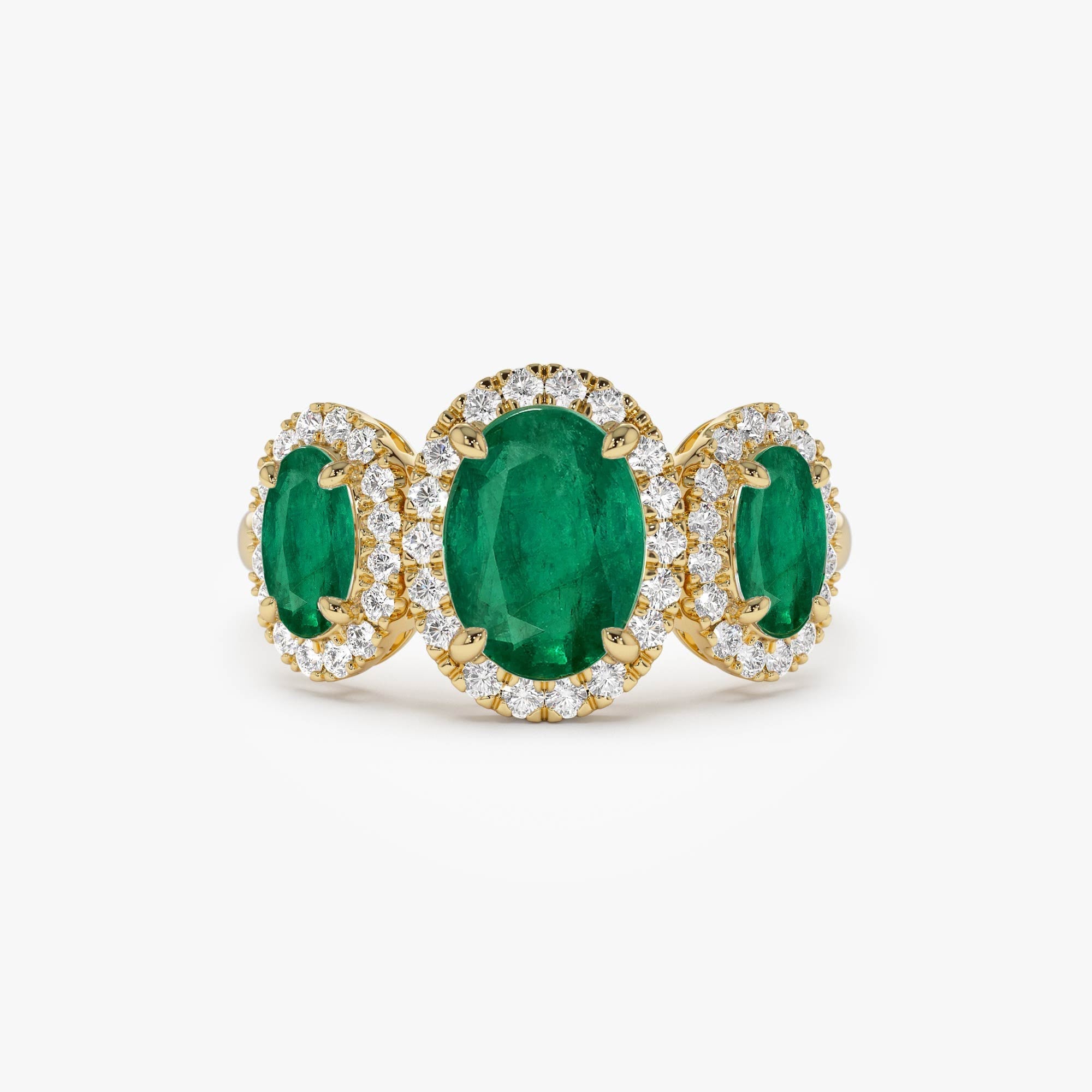 14K Three Stone Emerald Diamond Engagement Ring - GeumJewels
