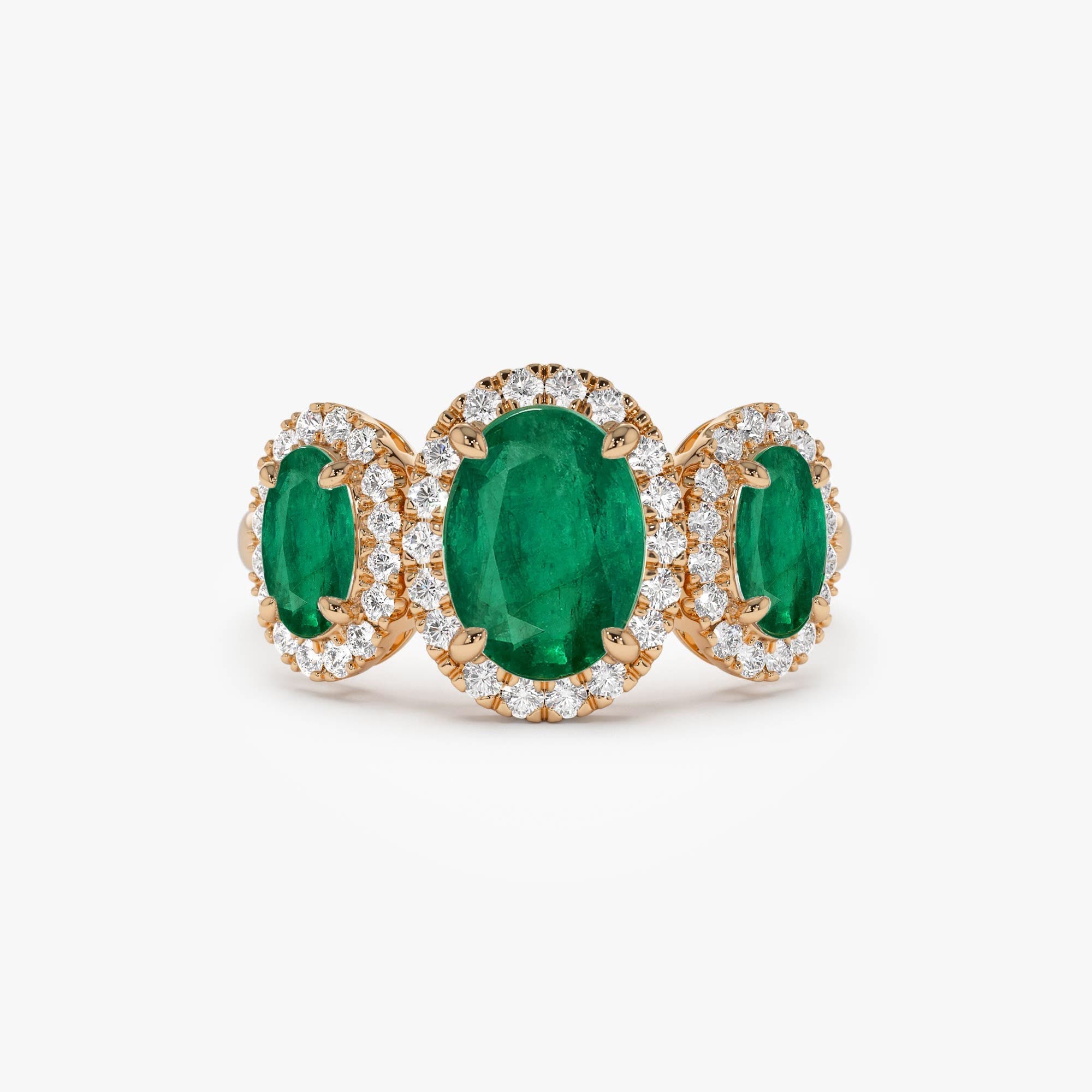 14K Three Stone Emerald Diamond Engagement Ring - GeumJewels