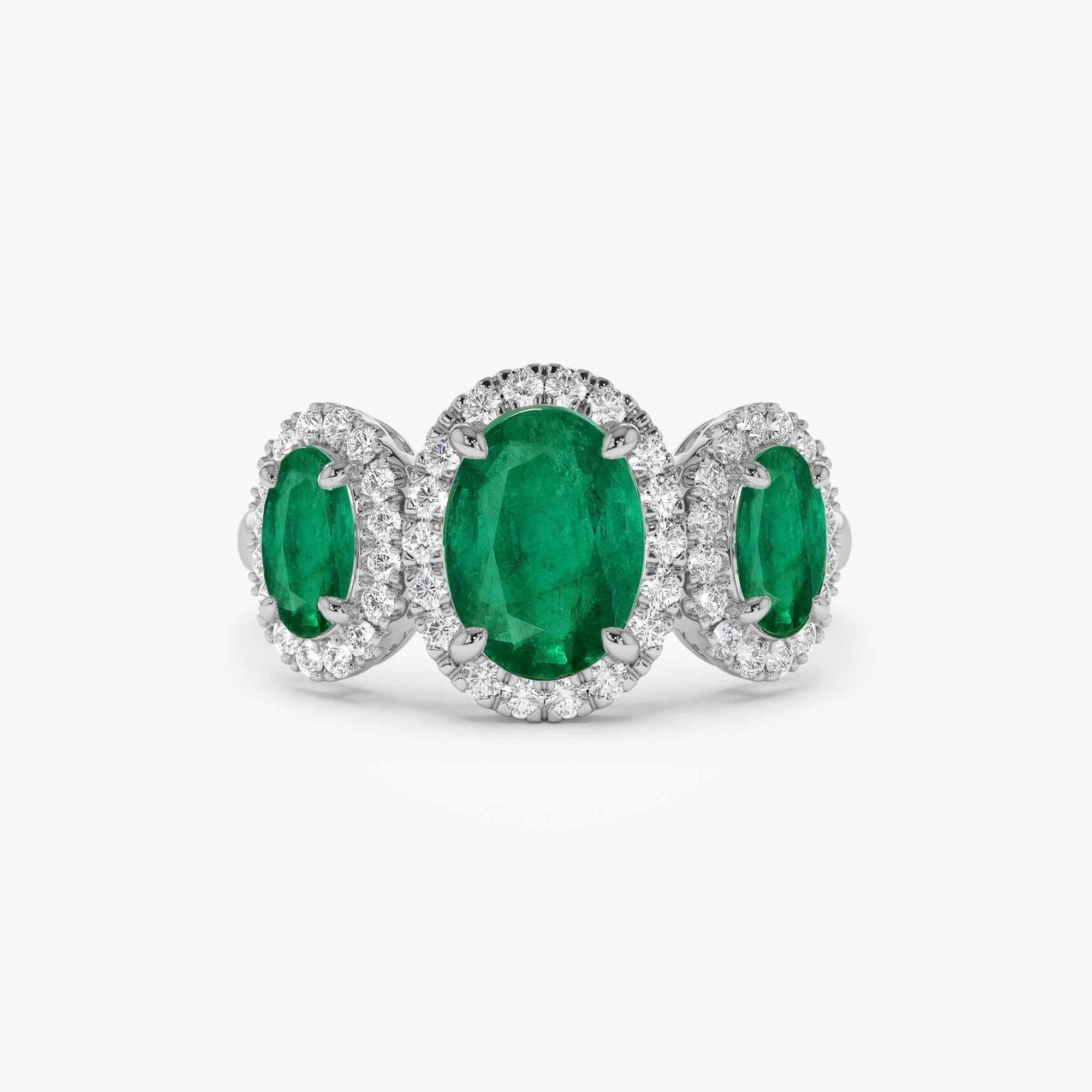 14K Three Stone Emerald Diamond Engagement Ring - GeumJewels