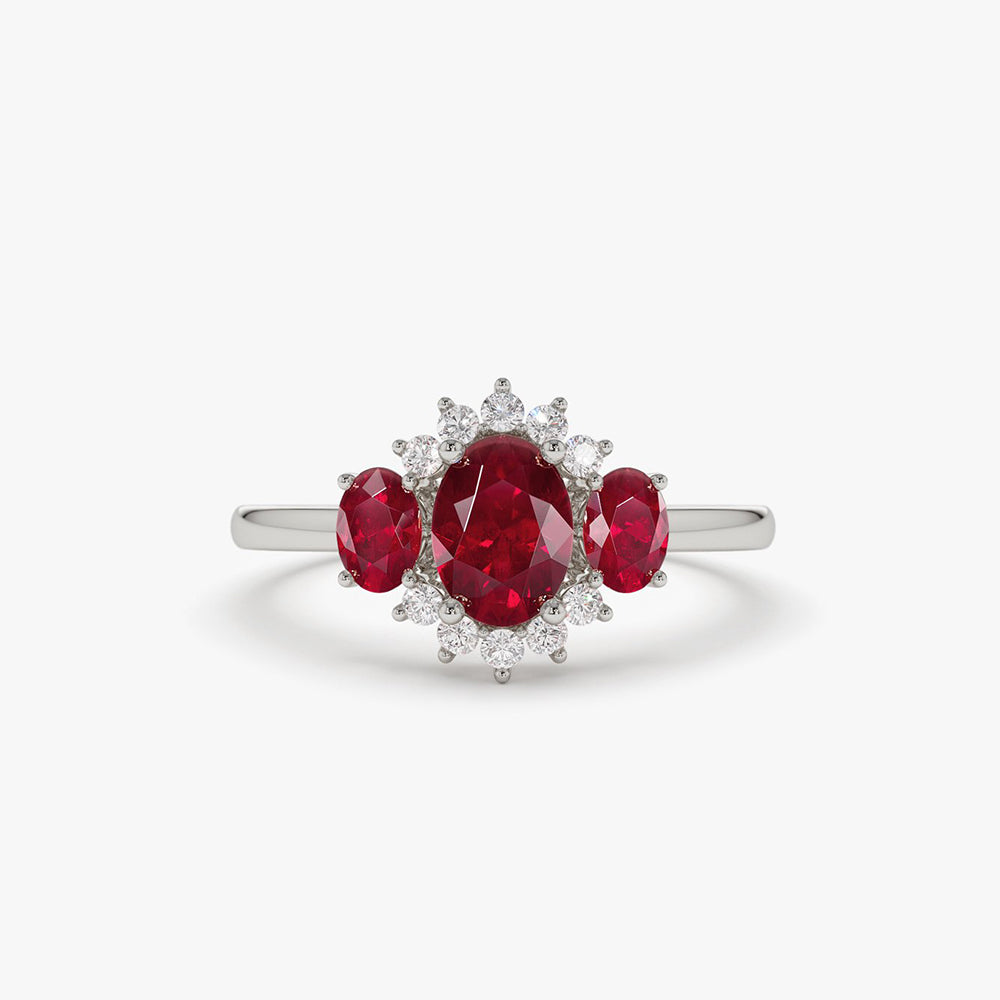 14k Three Stone Ruby Cluster Ring - GeumJewels