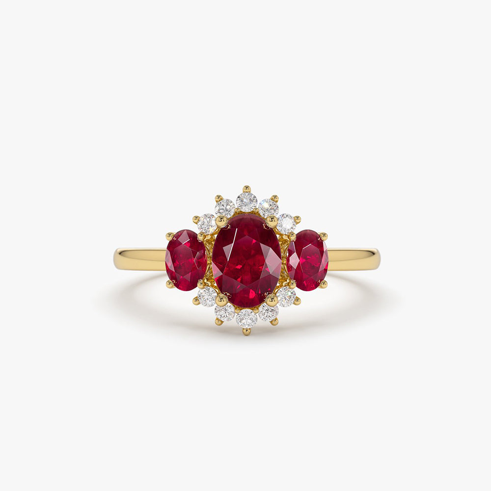 14k Three Stone Ruby Cluster Ring - GeumJewels