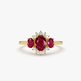 14k Three Stone Ruby Cluster Ring - GeumJewels