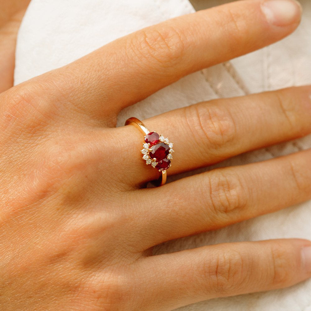 14k Three Stone Ruby Cluster Ring - GeumJewels