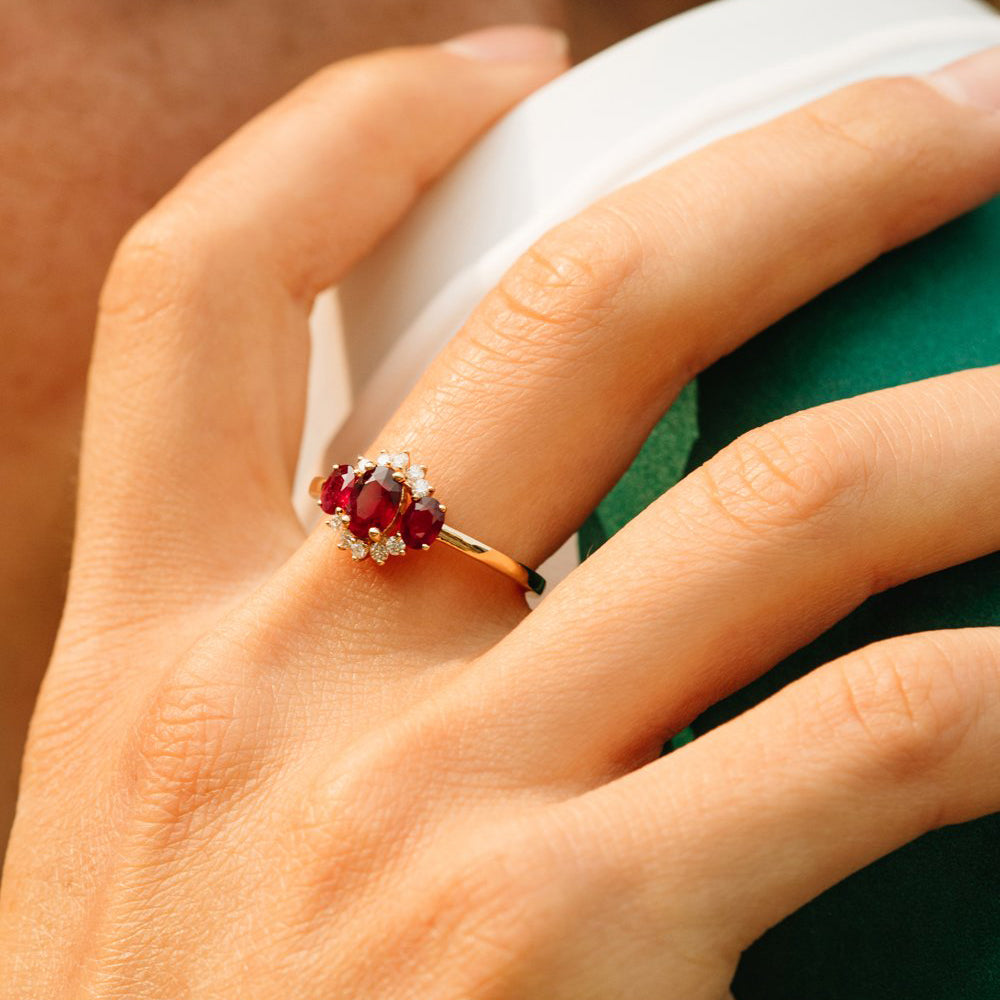 14k Three Stone Ruby Cluster Ring - GeumJewels