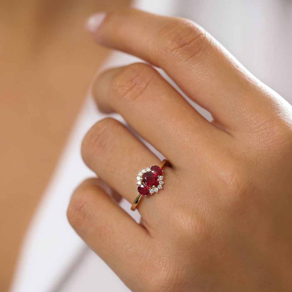 14k Three Stone Ruby Cluster Ring - GeumJewels