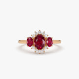 14k Three Stone Ruby Cluster Ring - GeumJewels