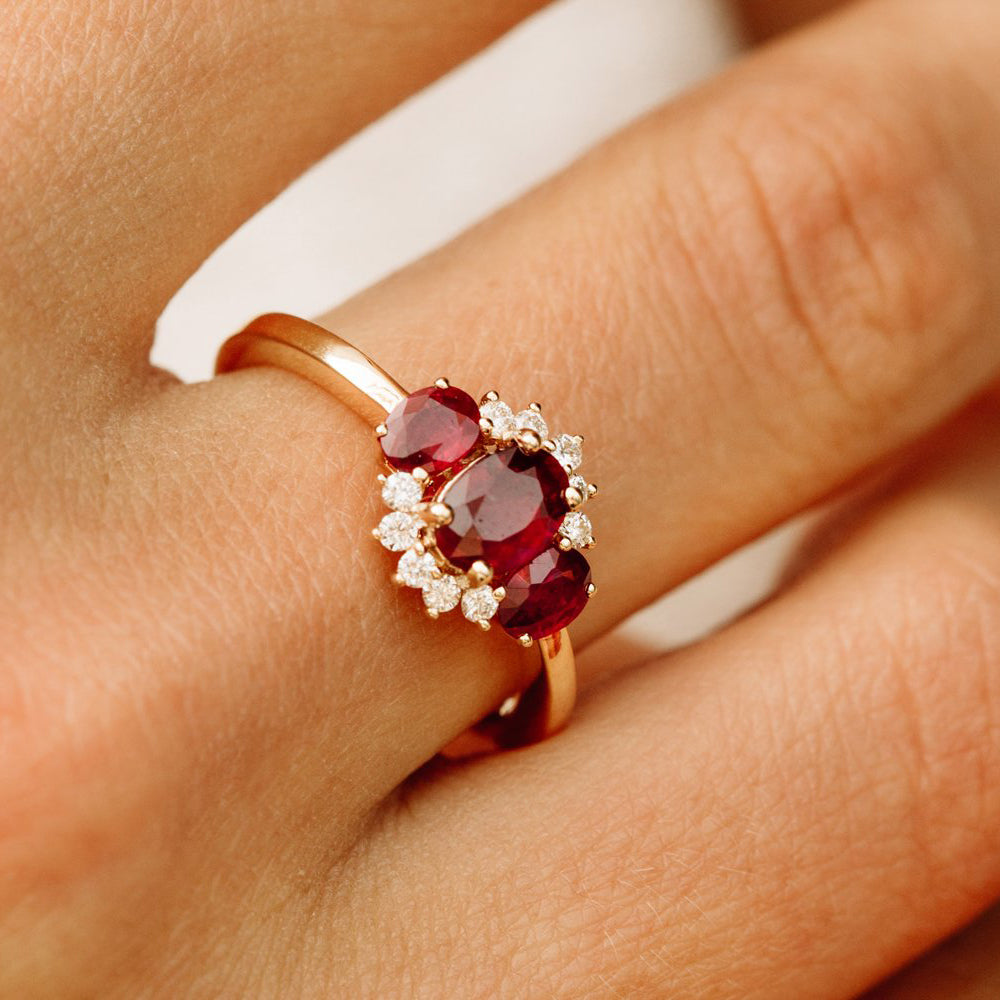 14k Three Stone Ruby Cluster Ring - GeumJewels