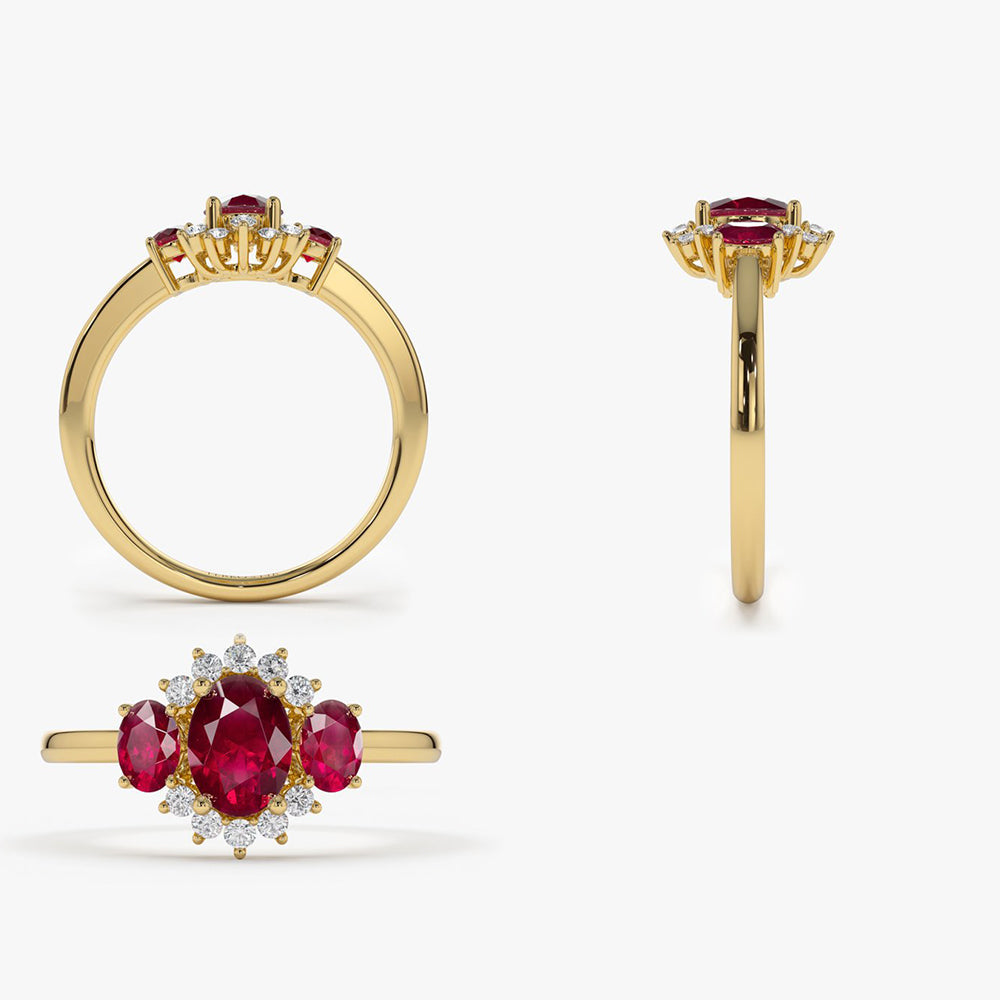 14k Three Stone Ruby Cluster Ring - GeumJewels