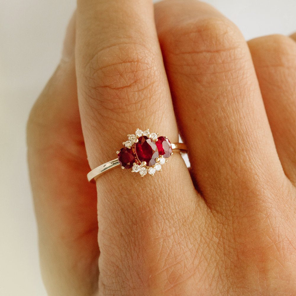 14k Three Stone Ruby Cluster Ring - GeumJewels
