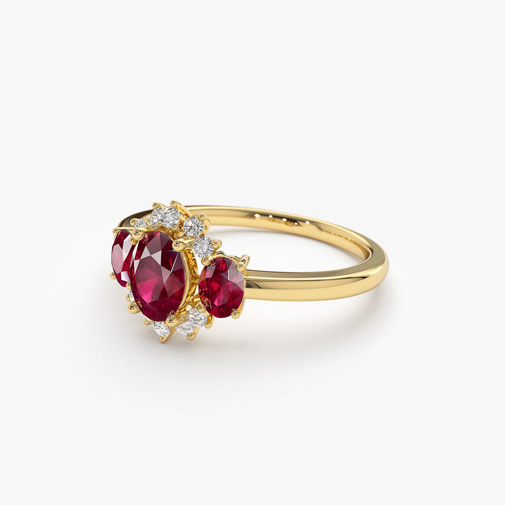 14k Three Stone Ruby Cluster Ring - GeumJewels