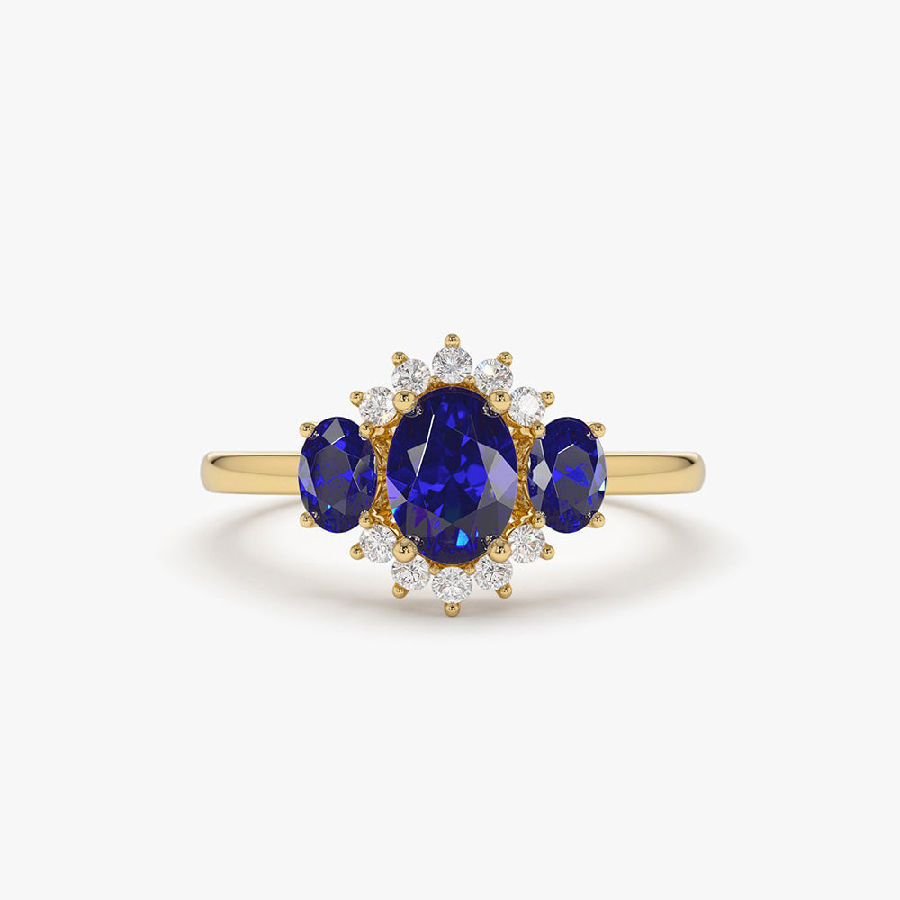 14k Three Stone Sapphire Cluster Ring - GeumJewels
