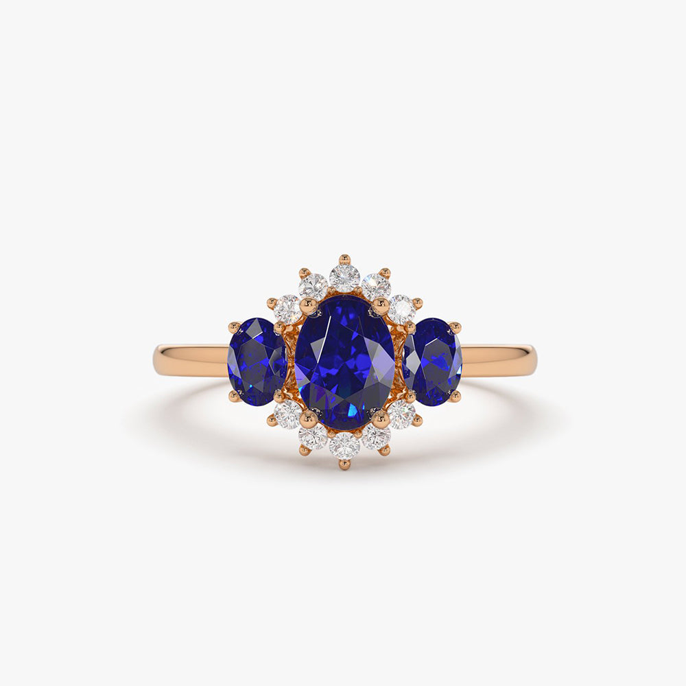 14k Three Stone Sapphire Cluster Ring - GeumJewels