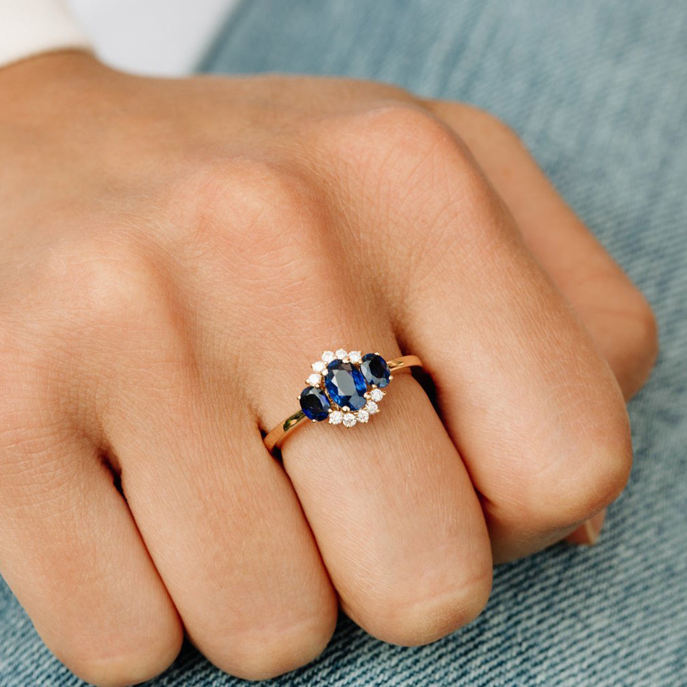 14k Three Stone Sapphire Cluster Ring - GeumJewels